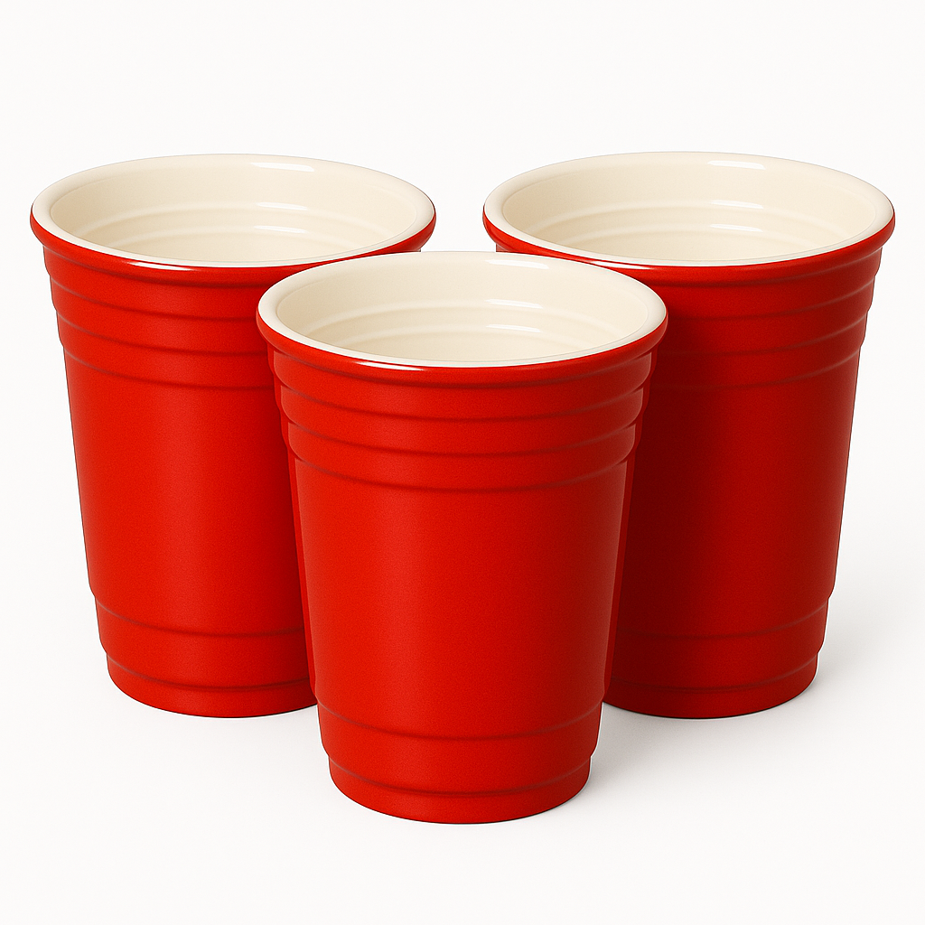 3er-Set red and hard Keramikbecher – rote Becher im Beer-Pong-Cup Design, hochwertig verarbeitet, Produktbild auf weißem Hintergrund.