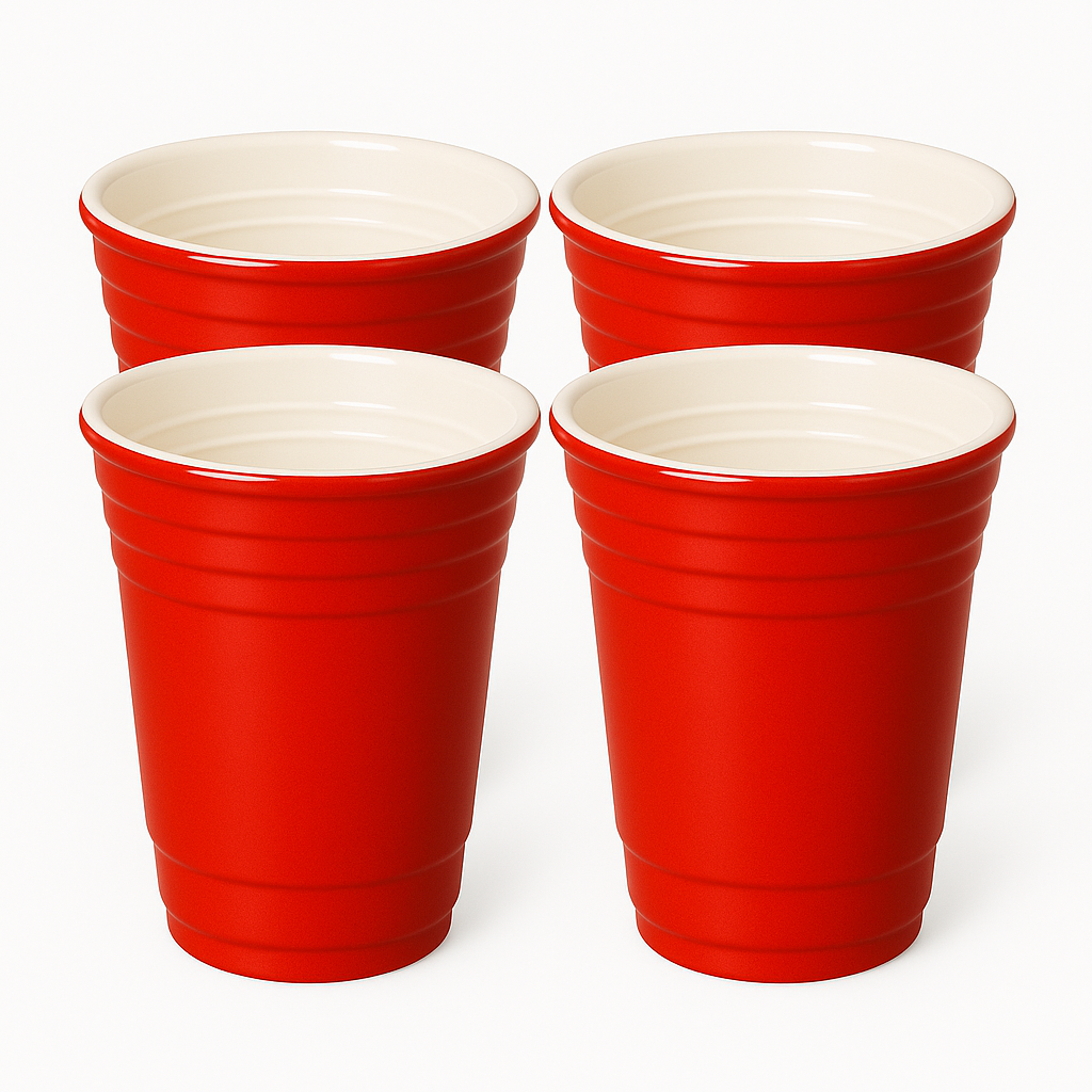 4er-Set red and hard Keramikbecher – rote Becher im Beer-Pong-Cup Design, hochwertig verarbeitet, Produktbild auf weißem Hintergrund.