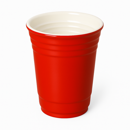 red and hard Becher – einzelner roter Keramikbecher im Beer-Pong-Cup-Stil, hochwertig verarbeitet, Produktfoto auf weißem Hintergrund.